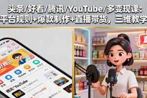 头条/好看/腾讯/YouTube/多变现课：平台规则+爆款制作+直播带货，三维教学