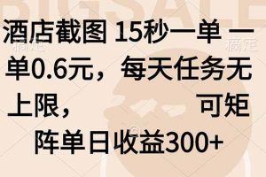酒店截图 15秒一单 一单0.6元，每天任务无上限，可矩阵单日收益300+