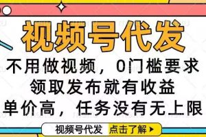 视频号代发，不用做视频，0门槛要求，领取发布就有收益，单价高，任务…